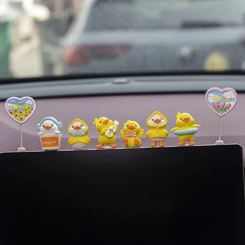 PVC duckling car interior decoration set with 6 cartoon duck figures and 1 sign label