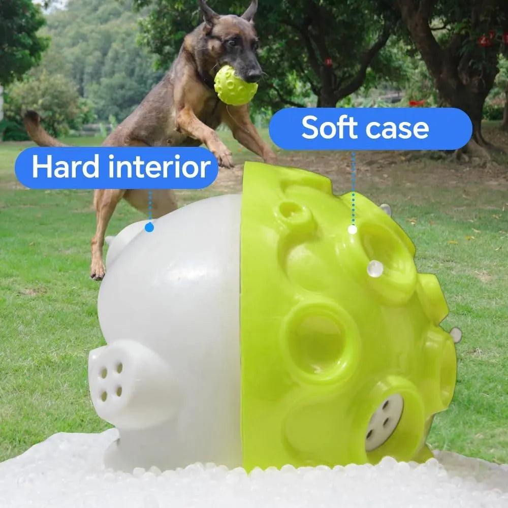 Durable natural rubber dog ball toy with magical squeaky sound for aggressive chewers in five colour options