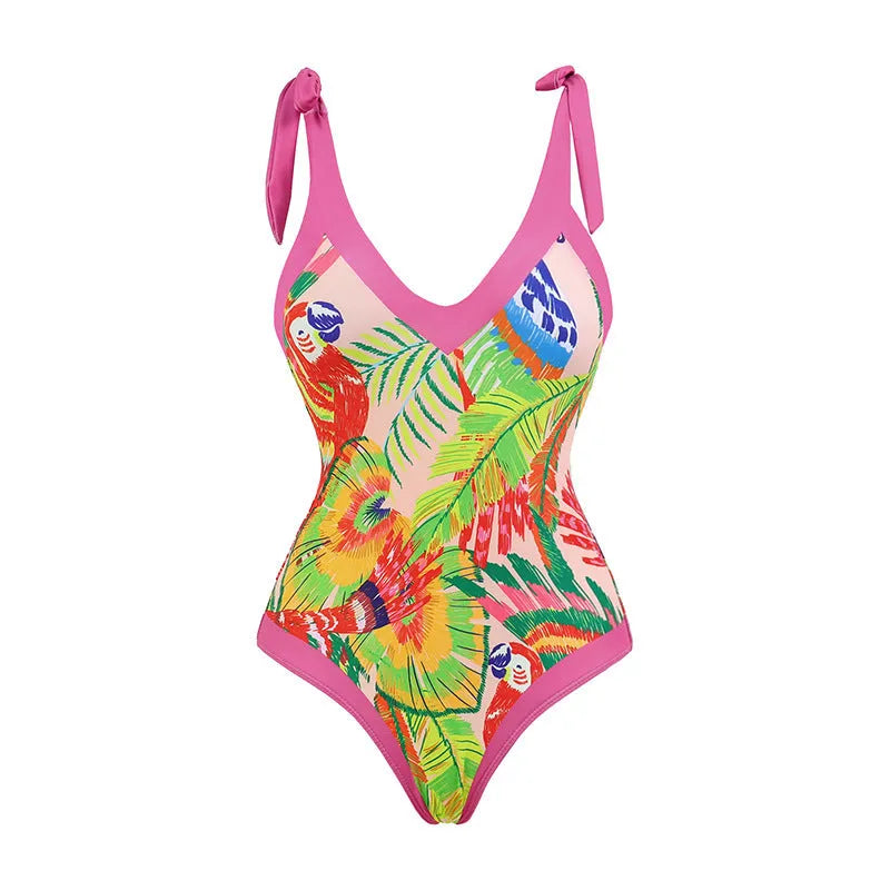 Retro pink floral print one-piece swimsuit with V-neck and covered belly thin skirt design