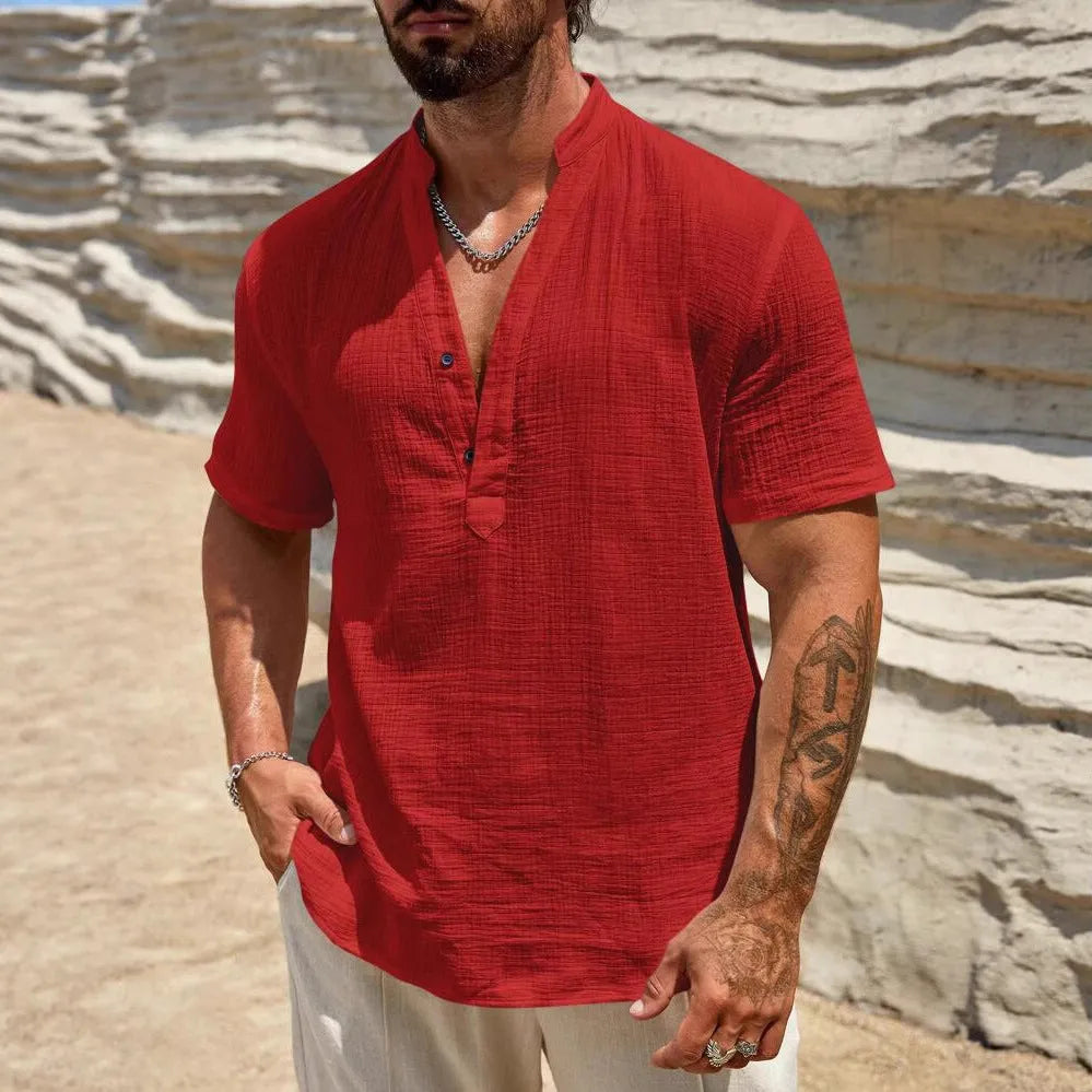 Men's solid colour stand collar short-sleeved shirt in a breathable polyester blend fabric.