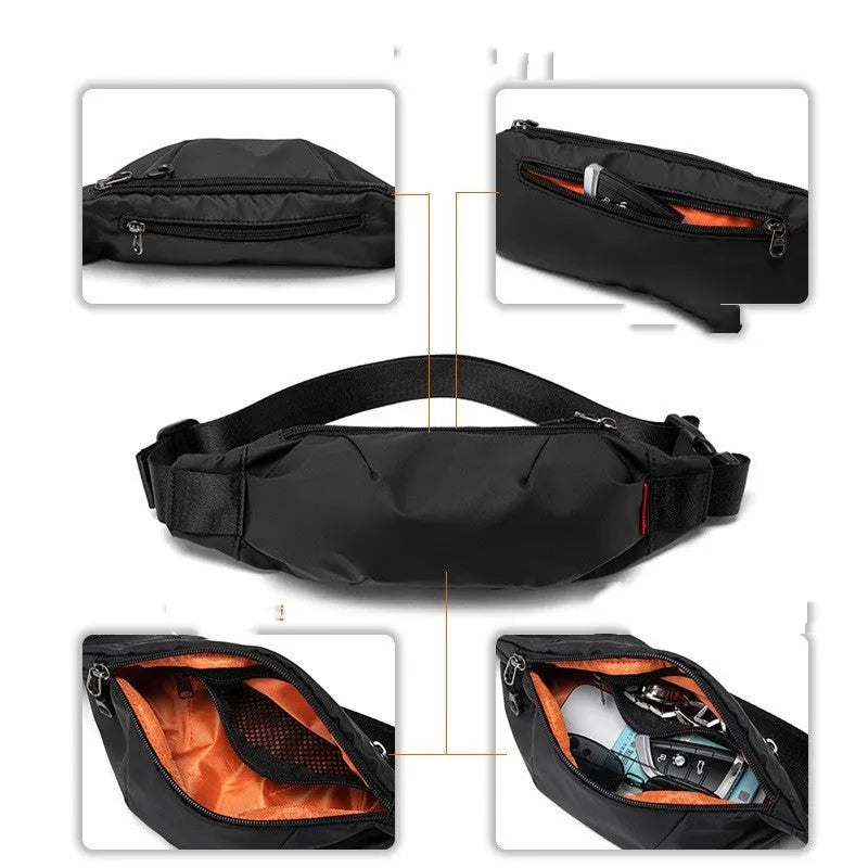 Black Oxford cloth men's waist pack with crossbody strap, shown with zipper open revealing phone and ID pockets.