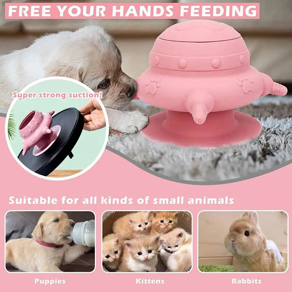 Pink silicone pet milk feeder with bionic breast design and four nursing pacifiers