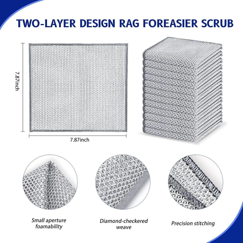 Silver microfiber cleaning rag with a built-in steel wire scrubber ball on a kitchen counter.