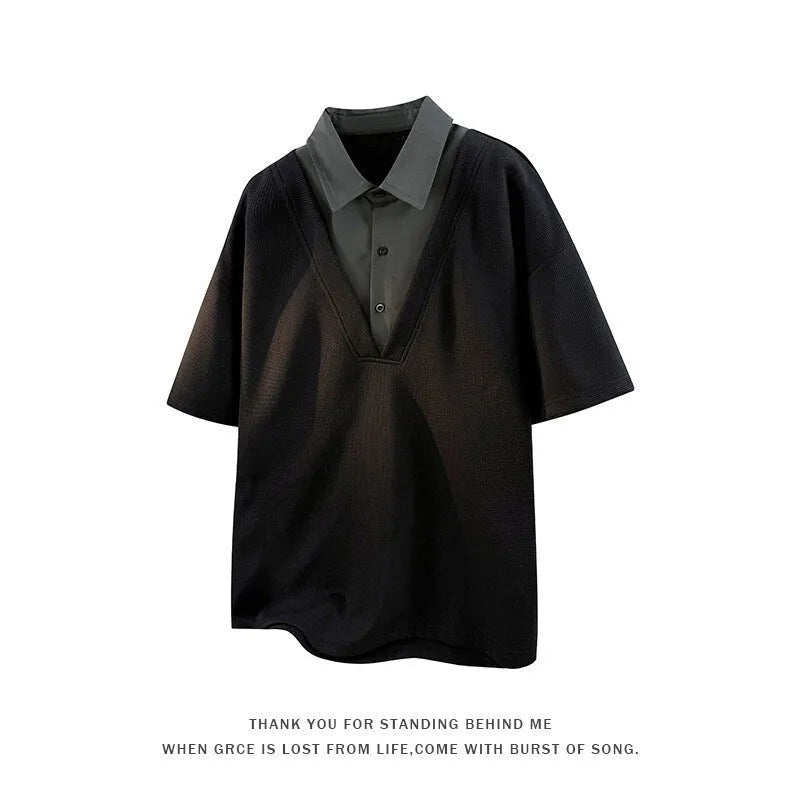 Men's heavy Henry collar polo shirt sweater in spandex with padding, shown in black and apricot colours