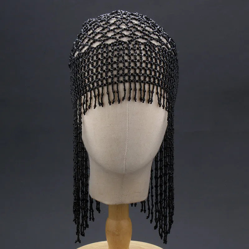 Handmade alloy belly dance hair ornament with mesh tile and tassels in silver or black