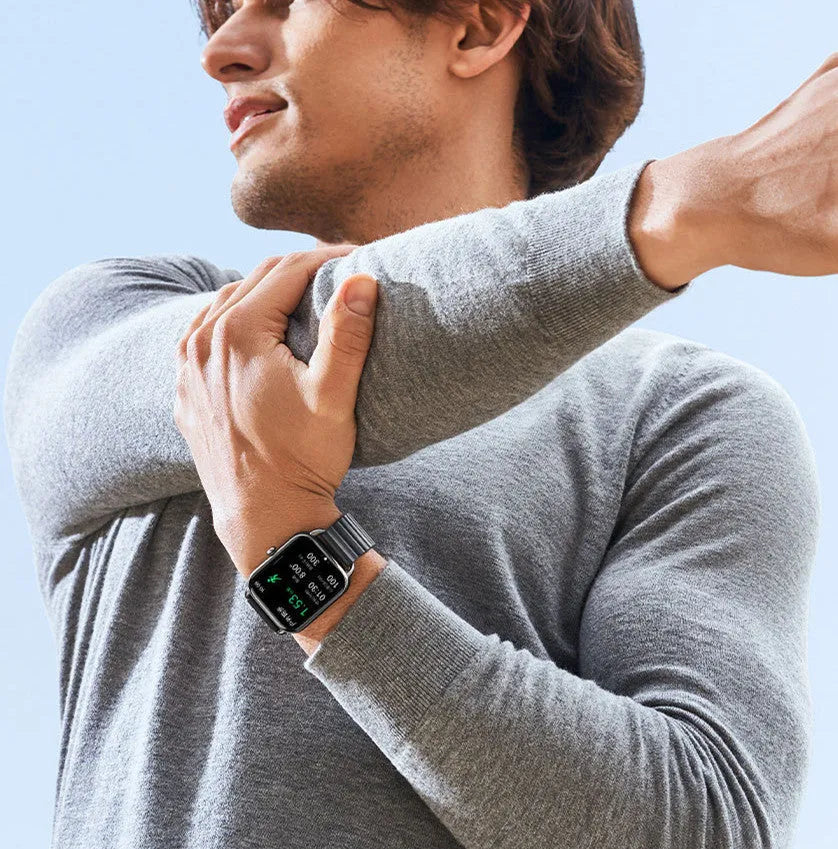 HAYLOU RS4 Plus smartwatch with AMOLED display shown in Black, Champagne, or Silver colour options