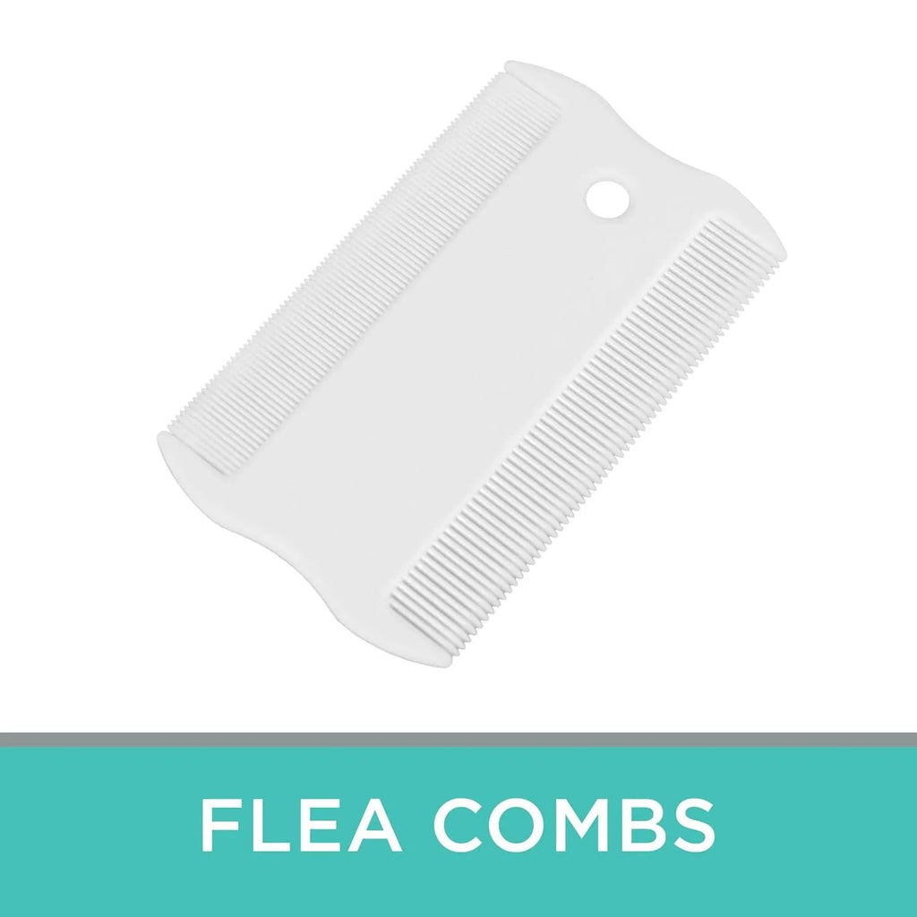 Double-sided plastic flea comb for dog and cat facial grooming showing dense teeth and compact size