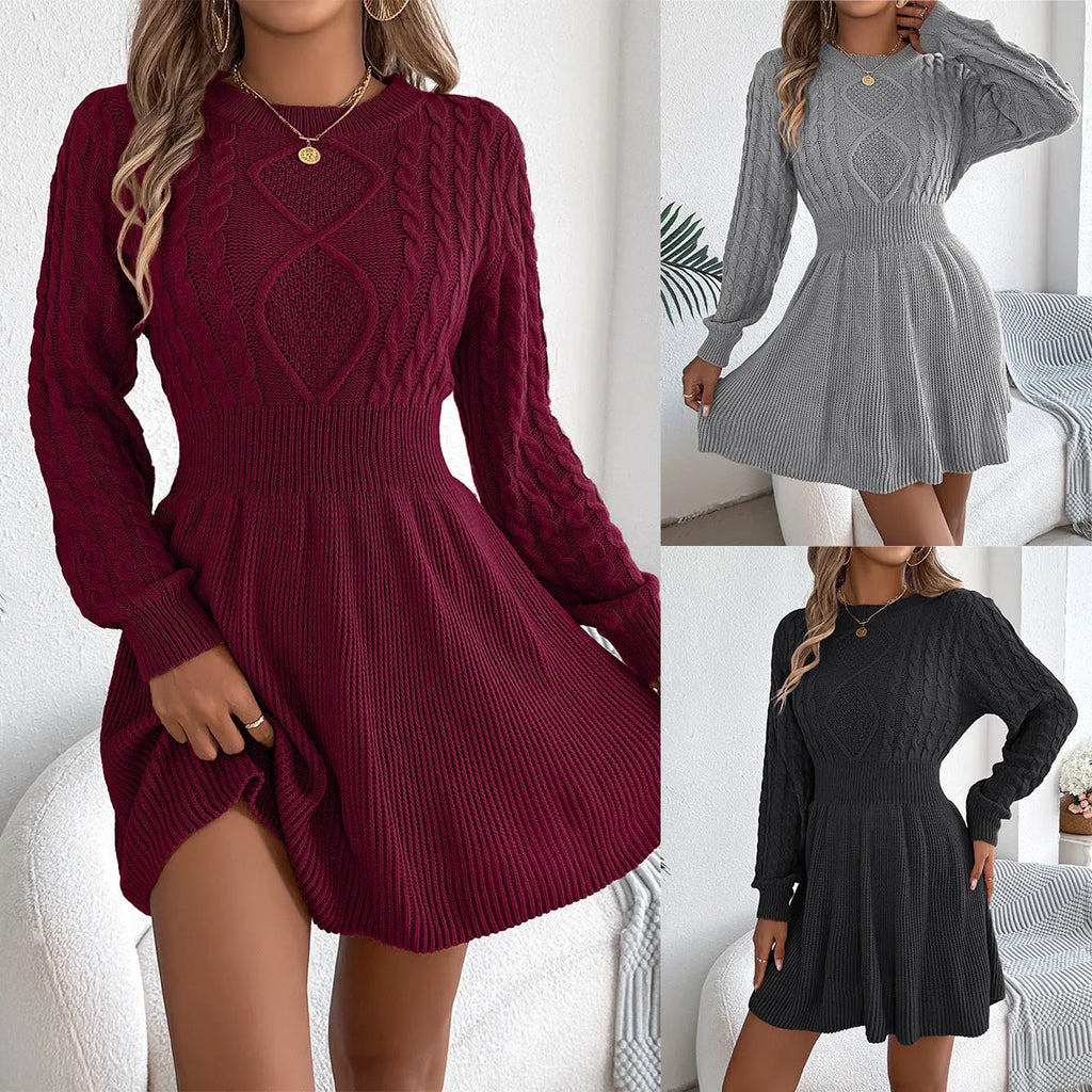 Black twist waist lantern sleeve sweater dress with artificial fur fabric