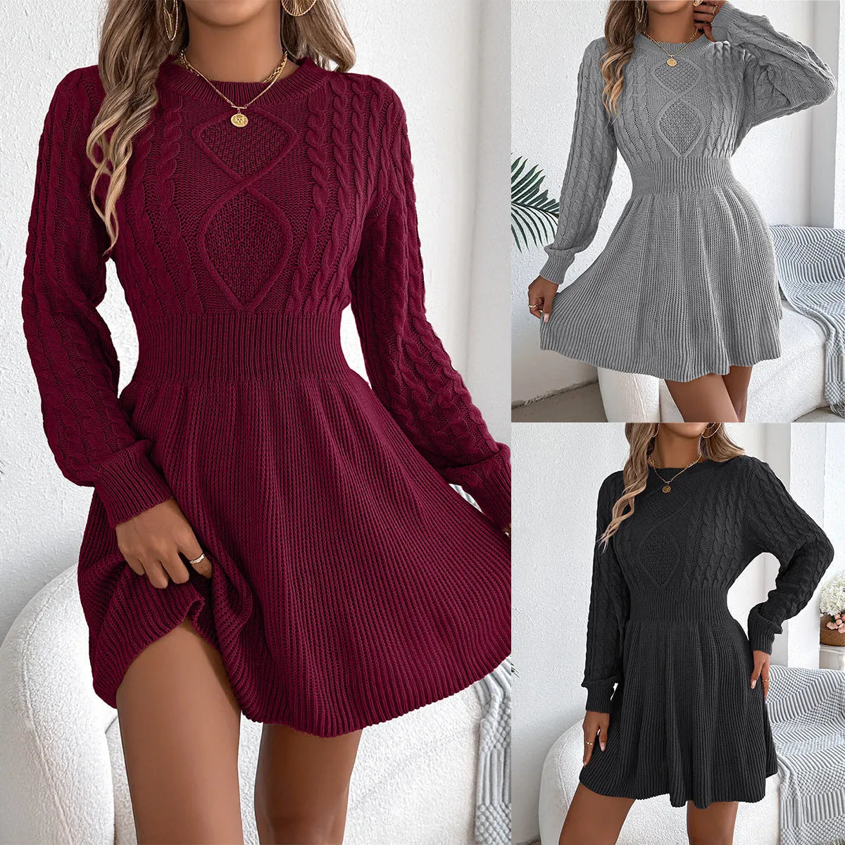 Black twist waist lantern sleeve sweater dress with artificial fur fabric
