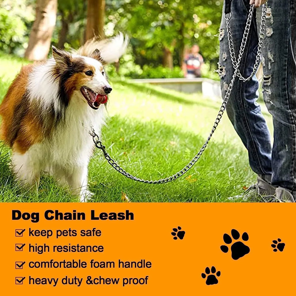 Heavy duty metal dog leash with chew proof chain and soft padded handle for large dogs