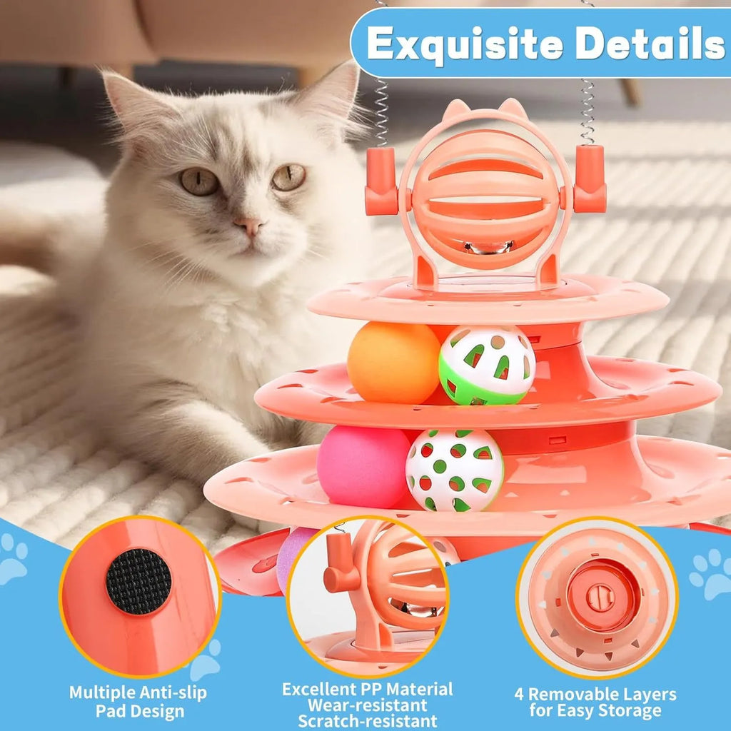Blue 4-tier interactive cat puzzle toy with balls and teasing rods on a non-slip base.