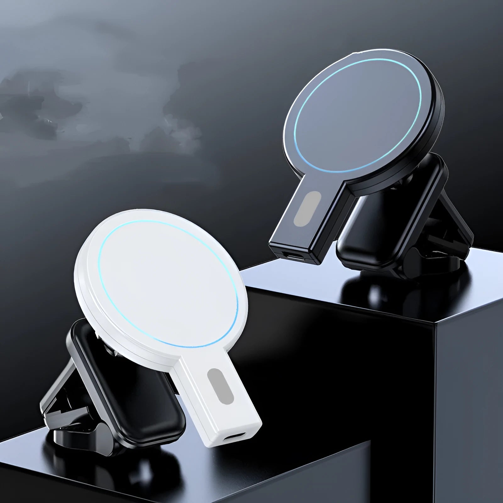 White mobile magnetic absorption wireless charger on a table next to a smartphone