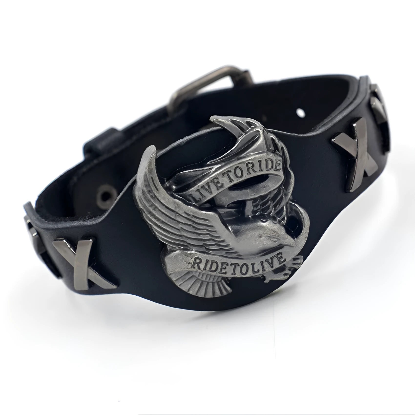 Black geometric leather bracelet with metallic eagle clasp showing 26cm length and varying width dimensions