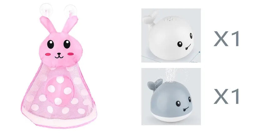 Whale-shaped baby bath toy with automatic water spray and colourful lights floating in water.
