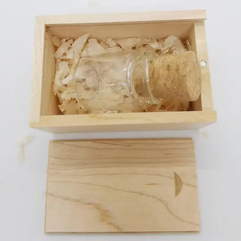 Transparent glass bottle USB flash drive with wooden cap showing 60mm length