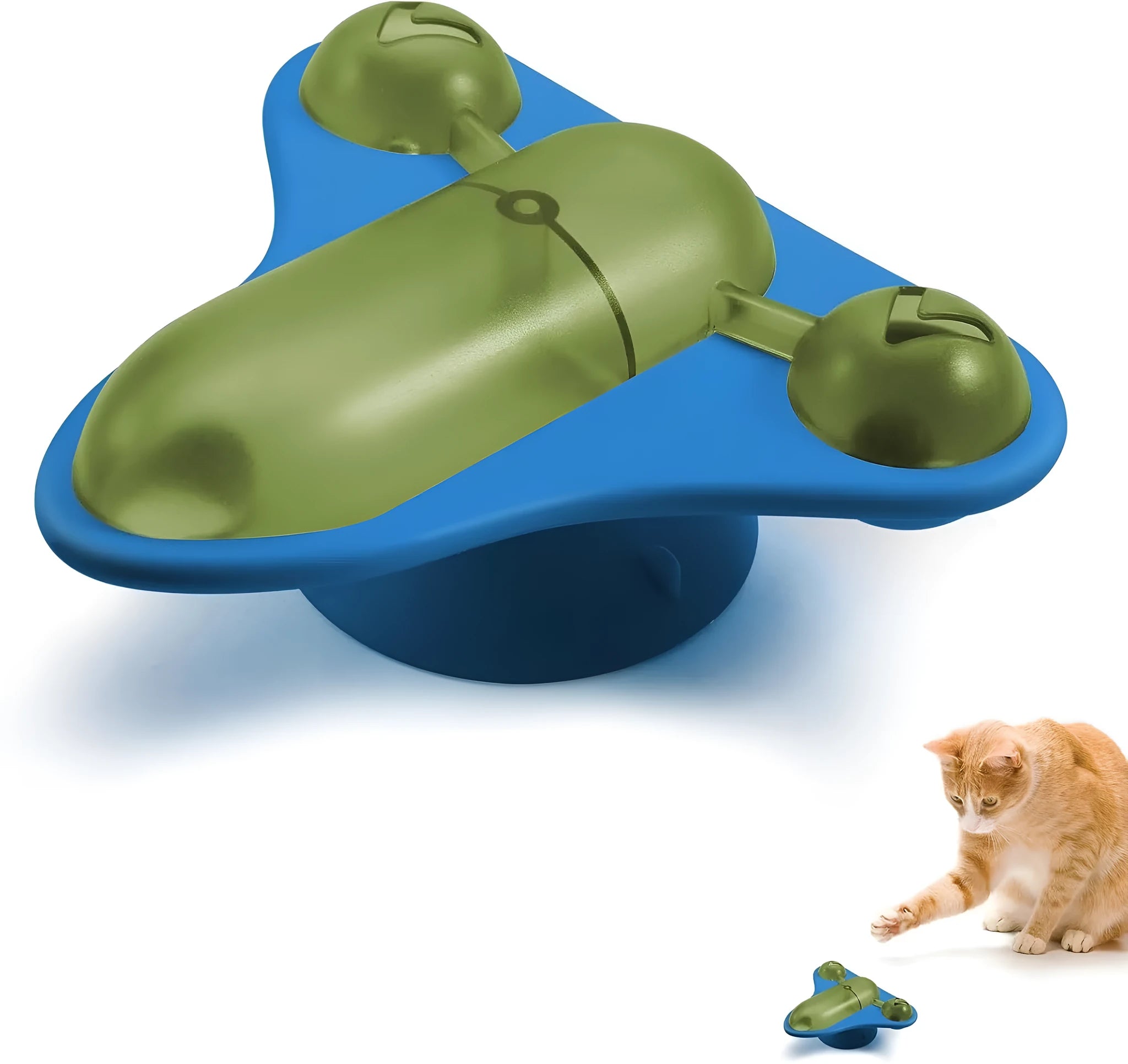 Blue interactive pet puzzle toy with snack cabin, bell, and catnip on a smooth floor.