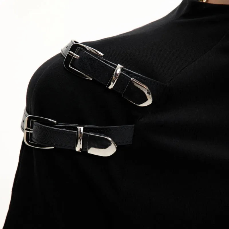 Men's slim fit black cotton short sleeve shirt with small stand-up collar and metal belt design detail
