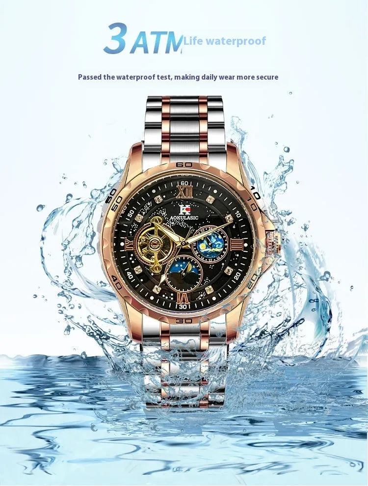 Automatic mechanical men's watch with rose gold case and black multifunctional dial