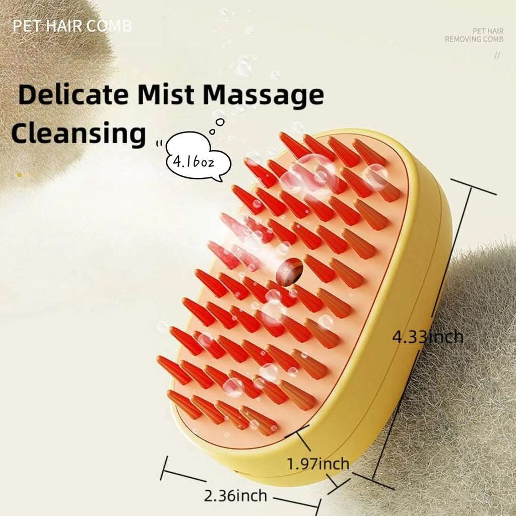 White silicone steam brush for pet grooming with rubber teeth and water tank.