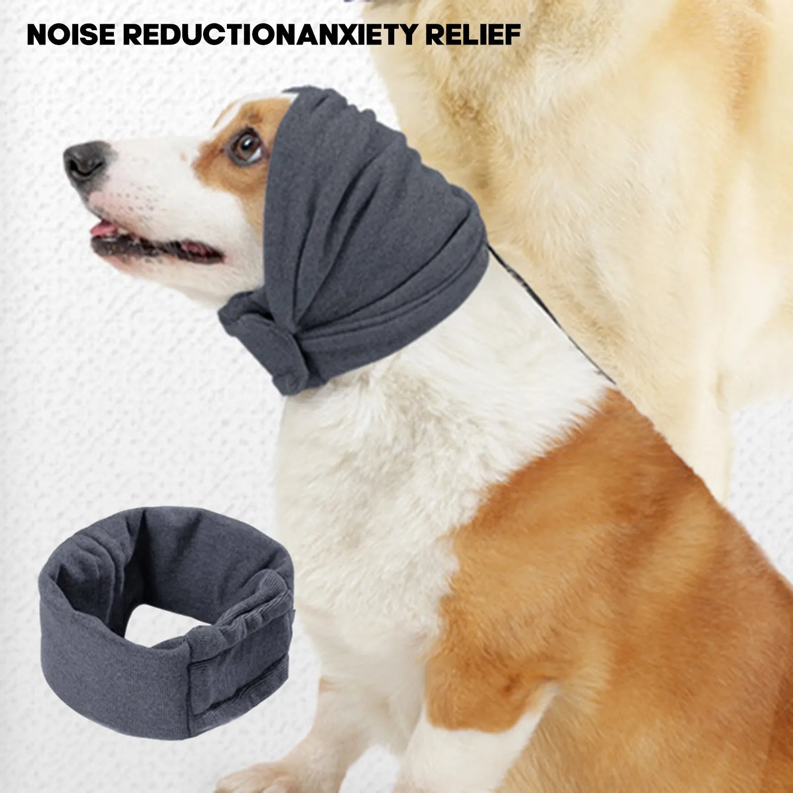 A black dog wearing a purple polyester calming hoodie that covers its head and ears.