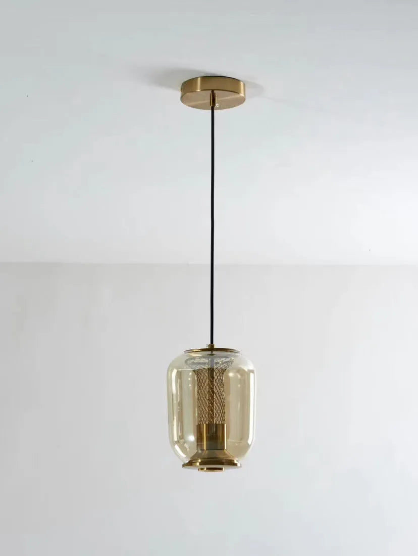 Minimalist Nordic chandelier with geometric metal frame in smoked grey, cognac, or clear colour options