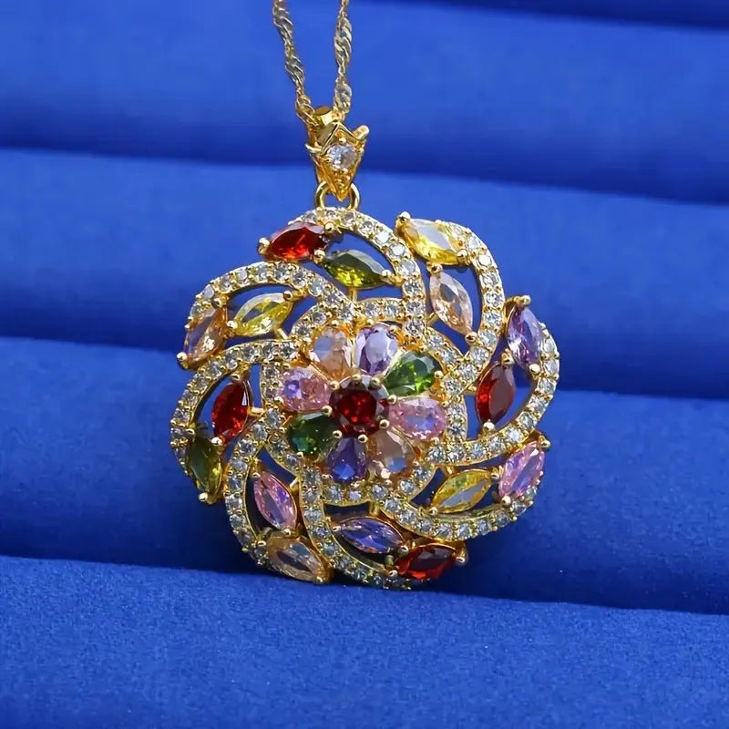 Spiral design colour zircon pendant necklace with real gold plated copper flower shape