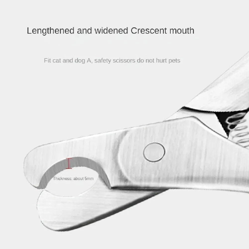 Silver stainless steel pet nail clipper with a quick-stop safety guard for dogs and cats.