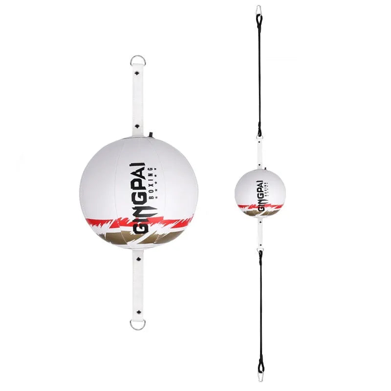 A hanging boxing speed ball made of PU leather for reaction and dodge training drills.