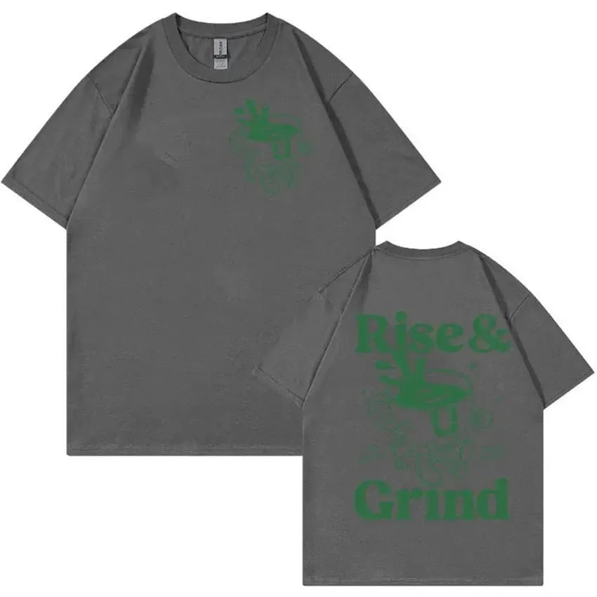 Loose fit men's cartoon t-shirt with Rise And Grind Green Coffee Fun Expression Bag graphic print.