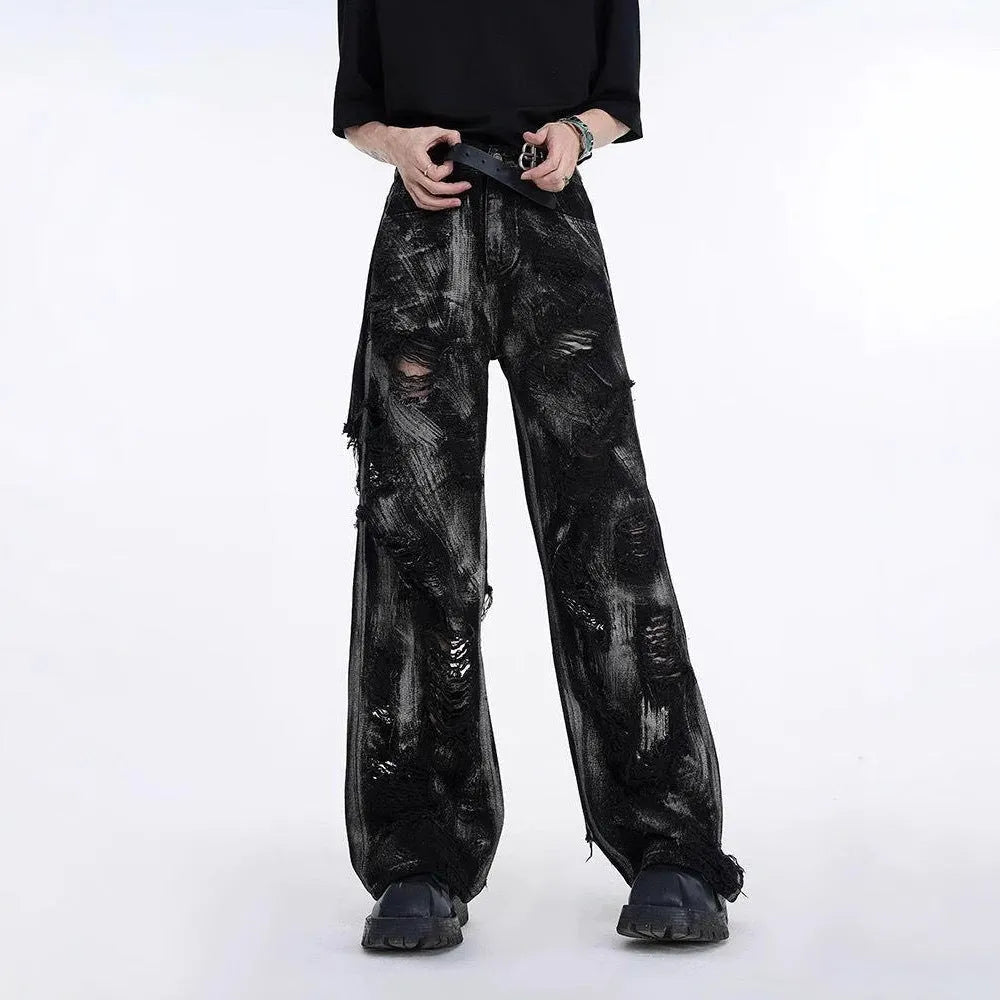 Men's washed graffiti style denim jeans in multiple colour combinations showing front and back views