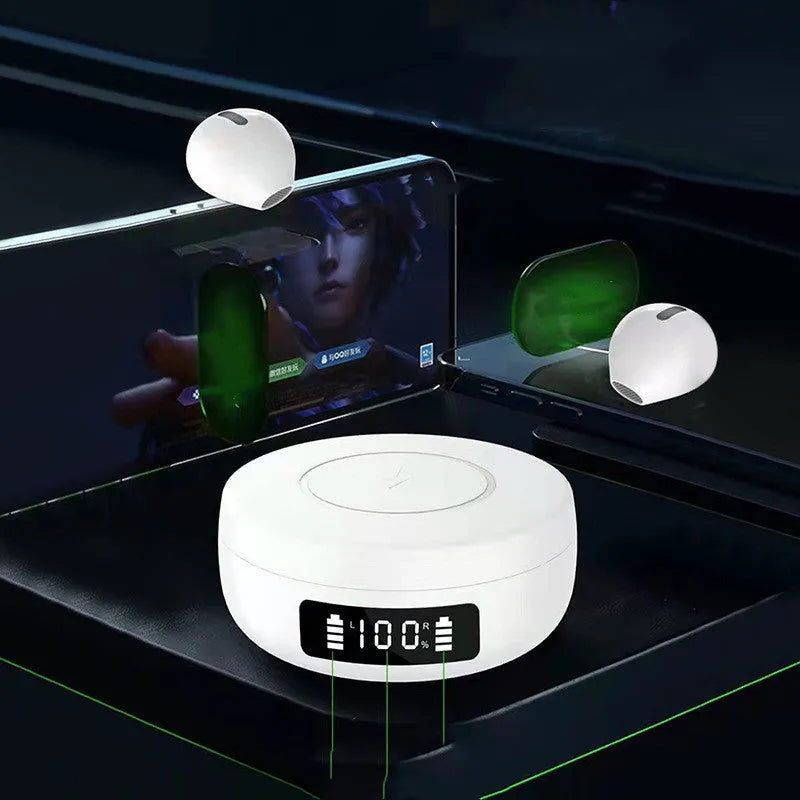 Mini semi-in-ear wireless headphones with charging case in black, colour, or white options