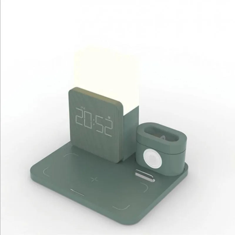 3-in-1 Qi wireless charger stand in dark green colour showing phone and smartwatch charging positions