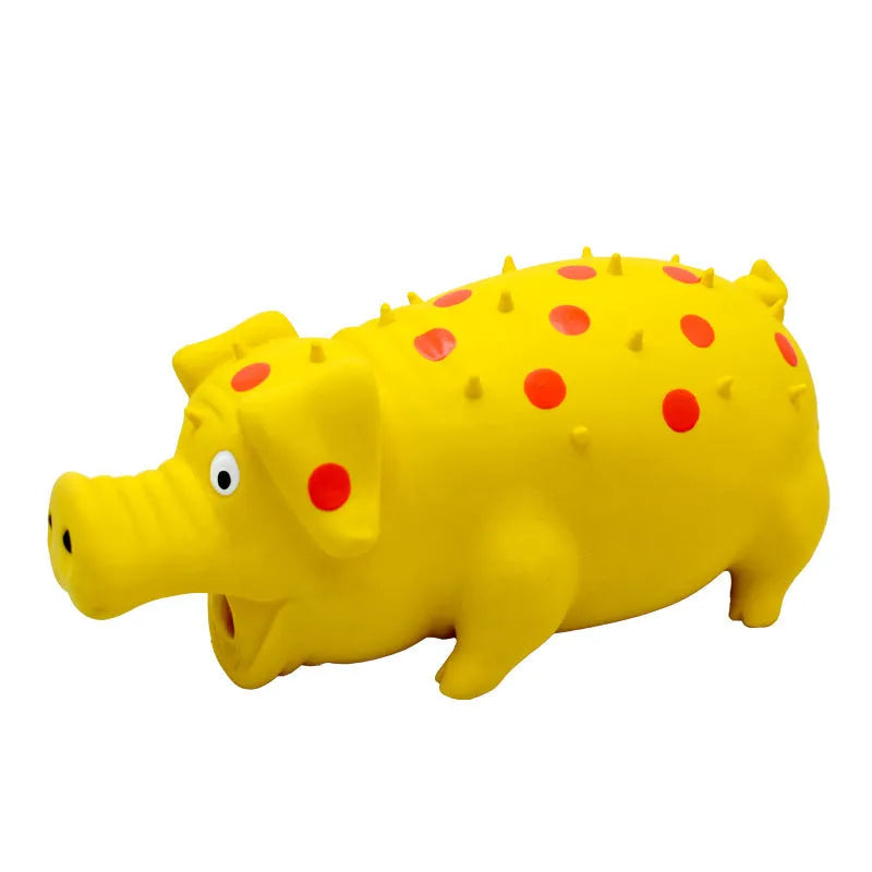 Pig-shaped blue latex dog chew toy with textured surface and squeaker for teeth cleaning