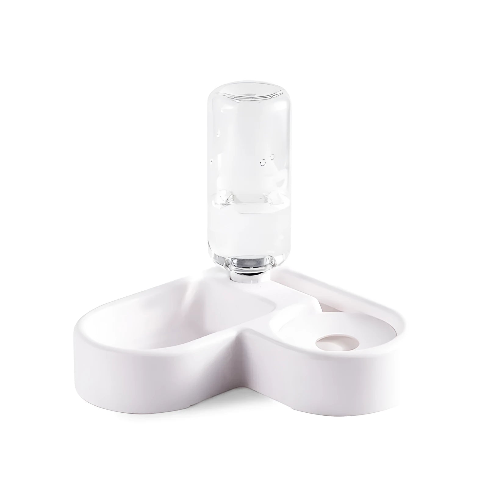 White plastic cat water fountain with filter on a floor next to a cat.