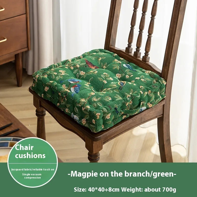 American dining chair cushion with plant pattern in multiple colours showing 40×40×8cm dimensions