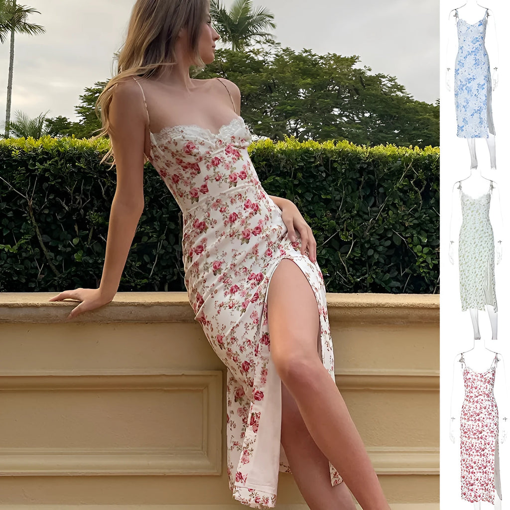 Women's lace flower print long dress with side slit and adjustable suspender straps in summer colours