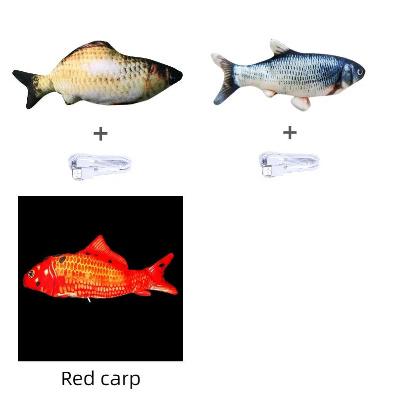 Multicolour electronic fish cat toy measuring 30cm with USB charging cable