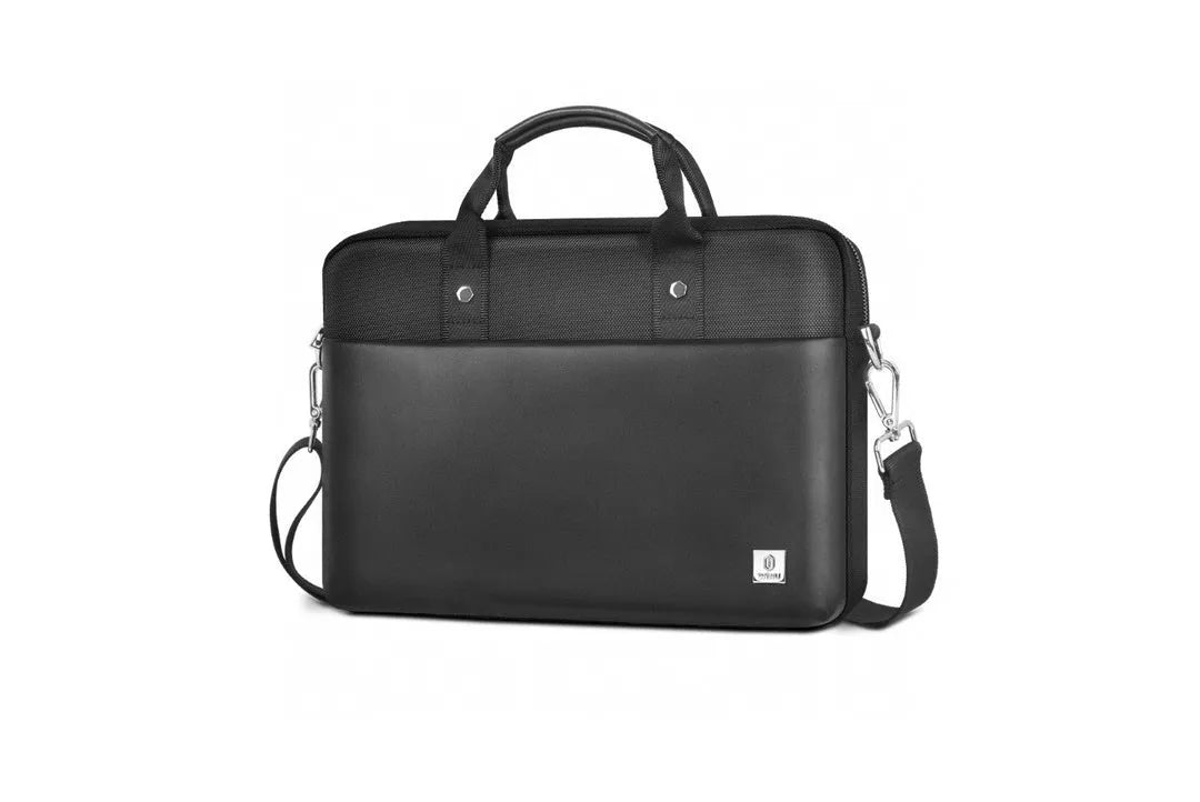 Black Oxford cloth laptop backpack showing multi-pocket interior and a lock on the front.