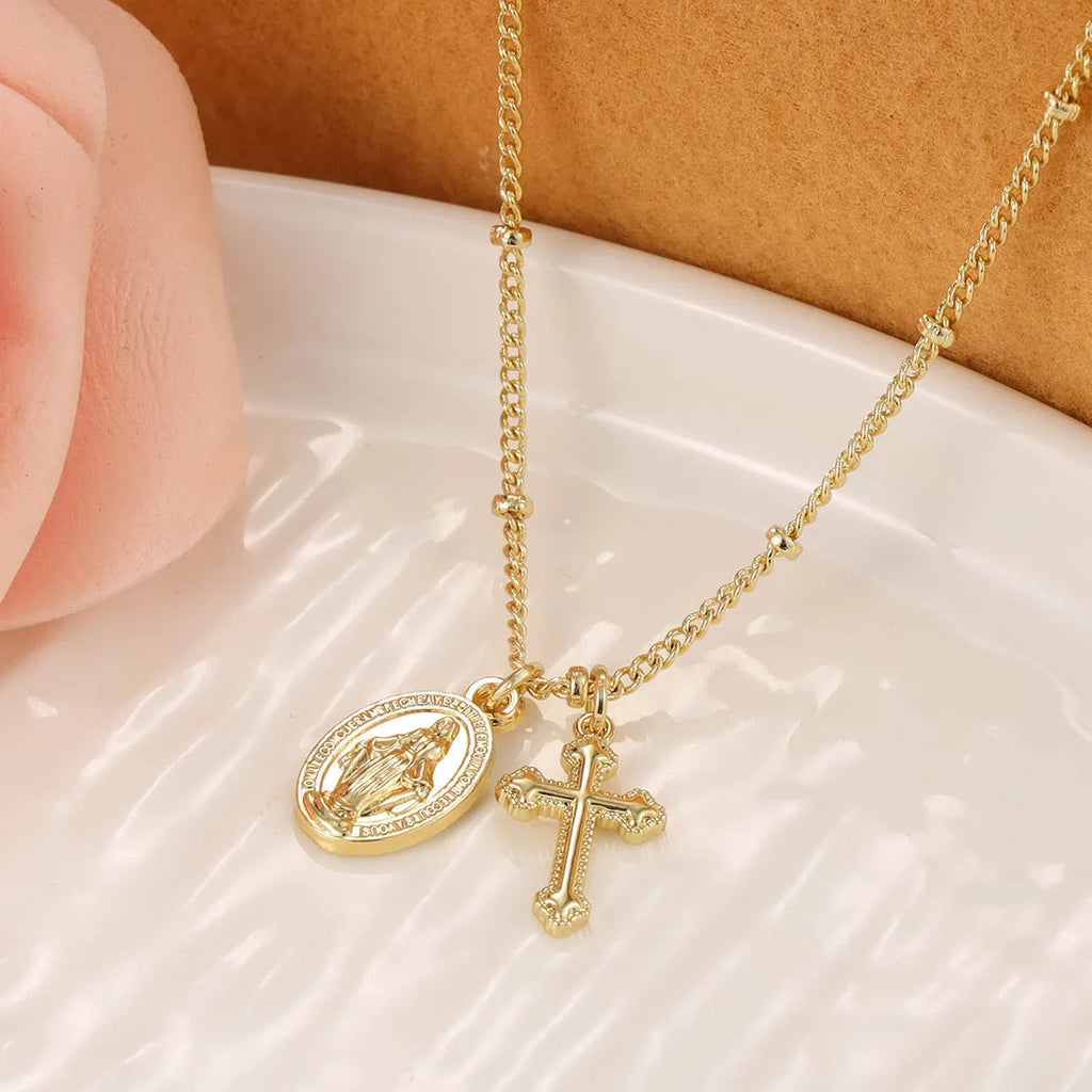 Geometric cross Virgin Mary necklace in 18K gold colour for women