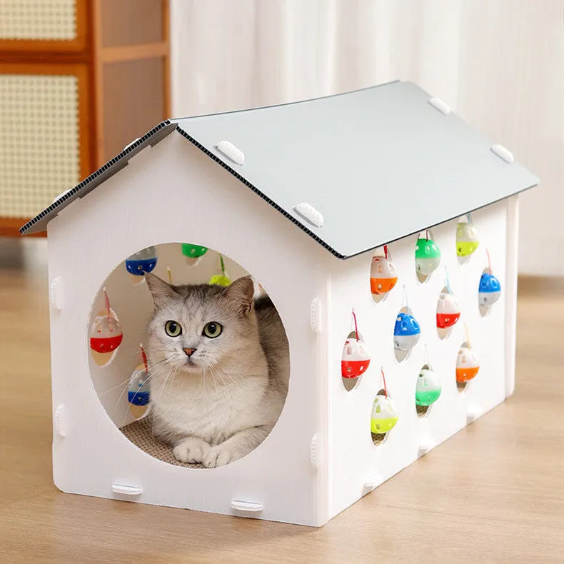 Plastic cat scratch board nest integrated toy with house design and bell ball