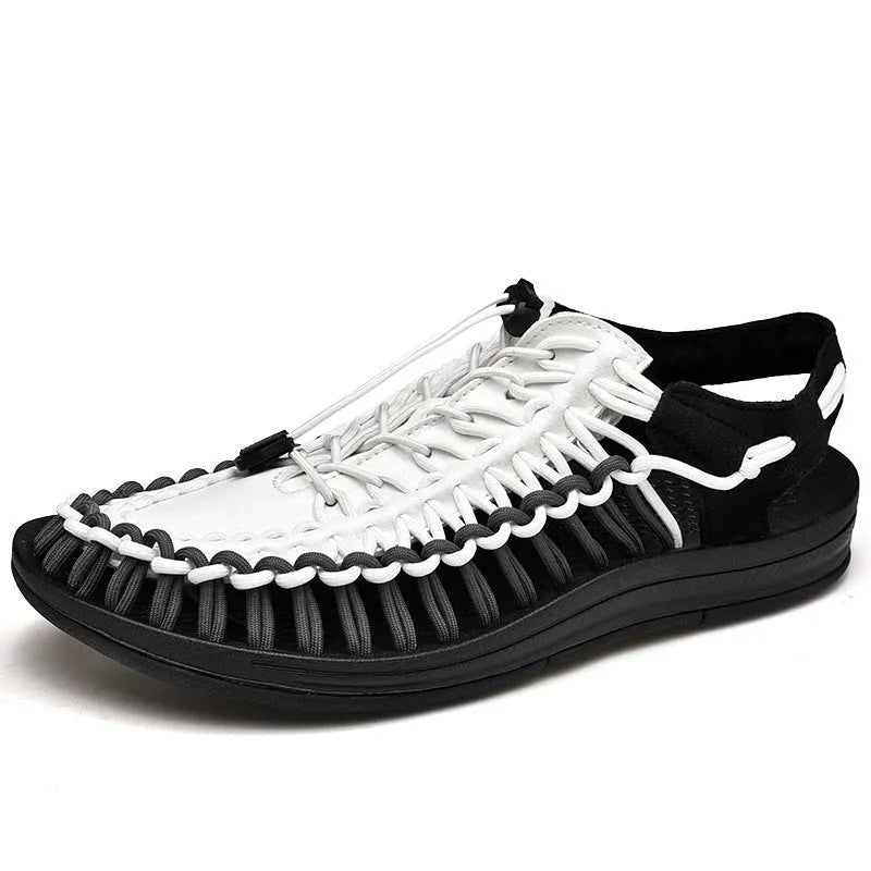 Woven sandals with elastic drawstring tie in rainbow colour with rubber sole