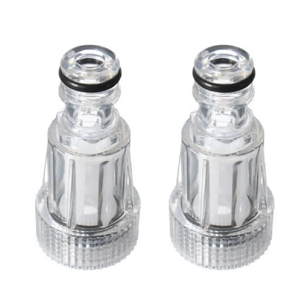 Transparent plastic inlet joint and filter screen for Karcher pressure washers showing clear construction and 3cm diameter