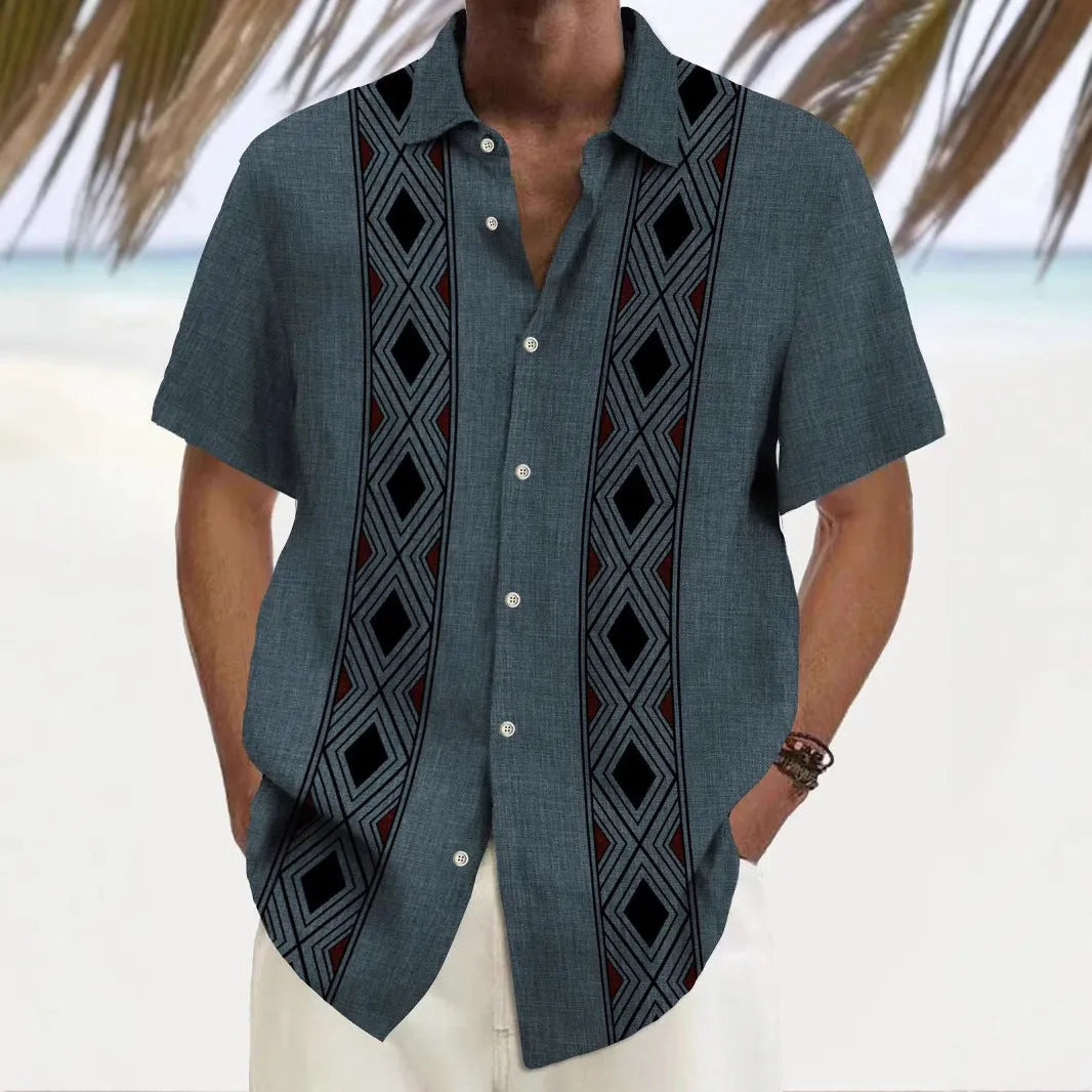 Multicolour printed loose-fit men's leisure shirt on a hanger
