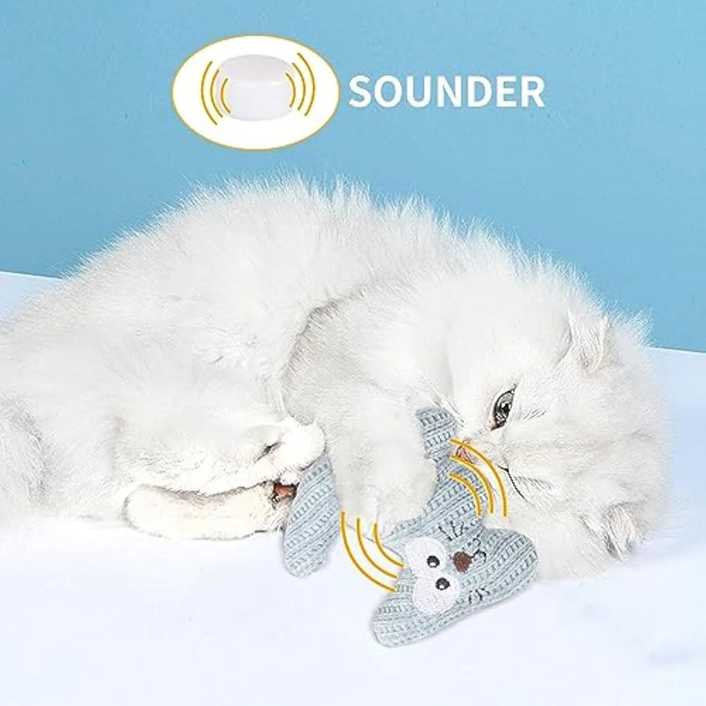 Cyan knitted plush cat toy with bell and catnip, measuring 12 by 11 centimetres.