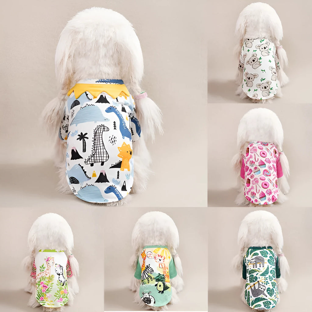 Polyester full printed t-shirt for small dogs showing colour options and weight-based sizing