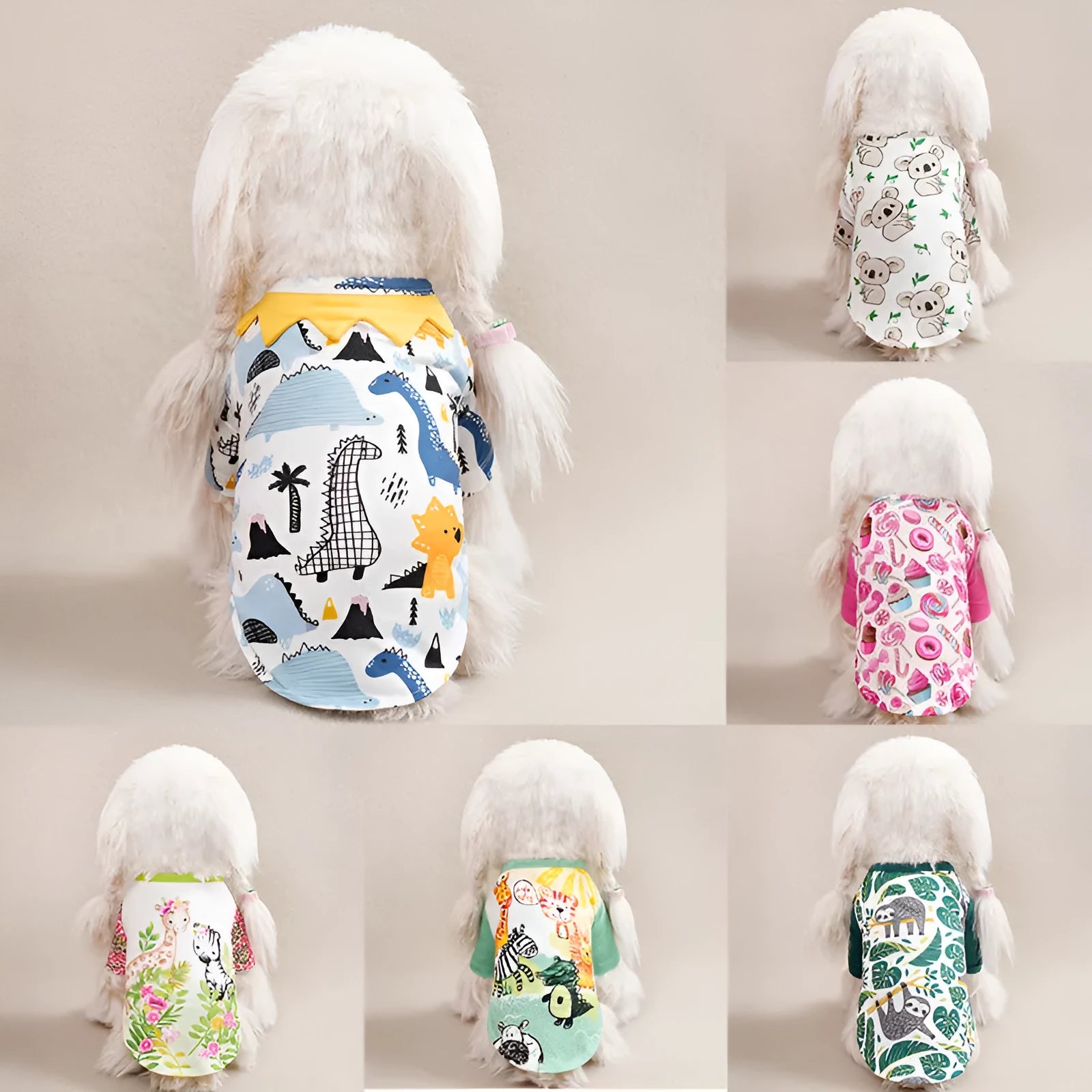 Polyester full printed t-shirt for small dogs showing colour options and weight-based sizing