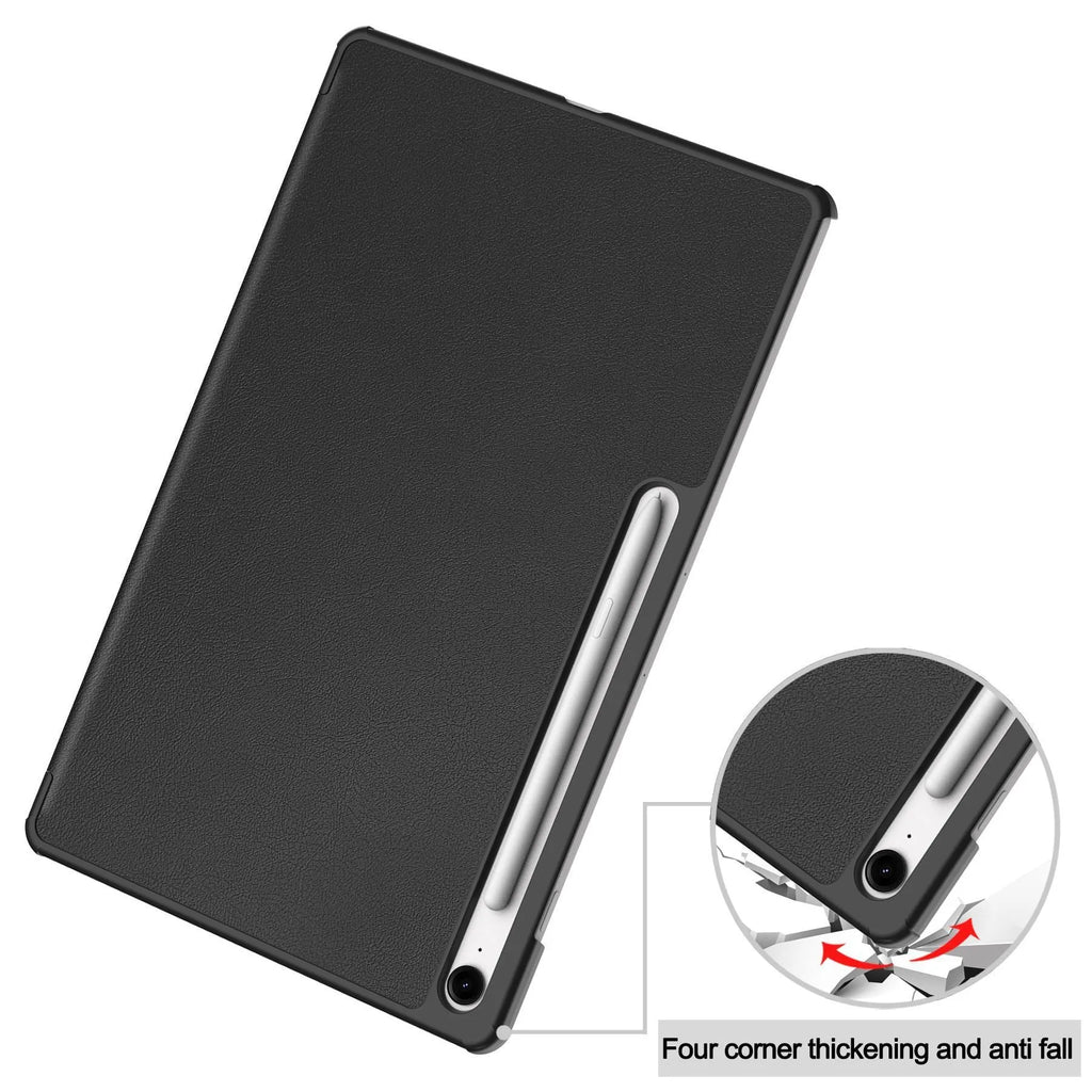 Samsung Tab S10 FE Plus tablet in a tri-fold black leather case with built-in stand open for viewing.