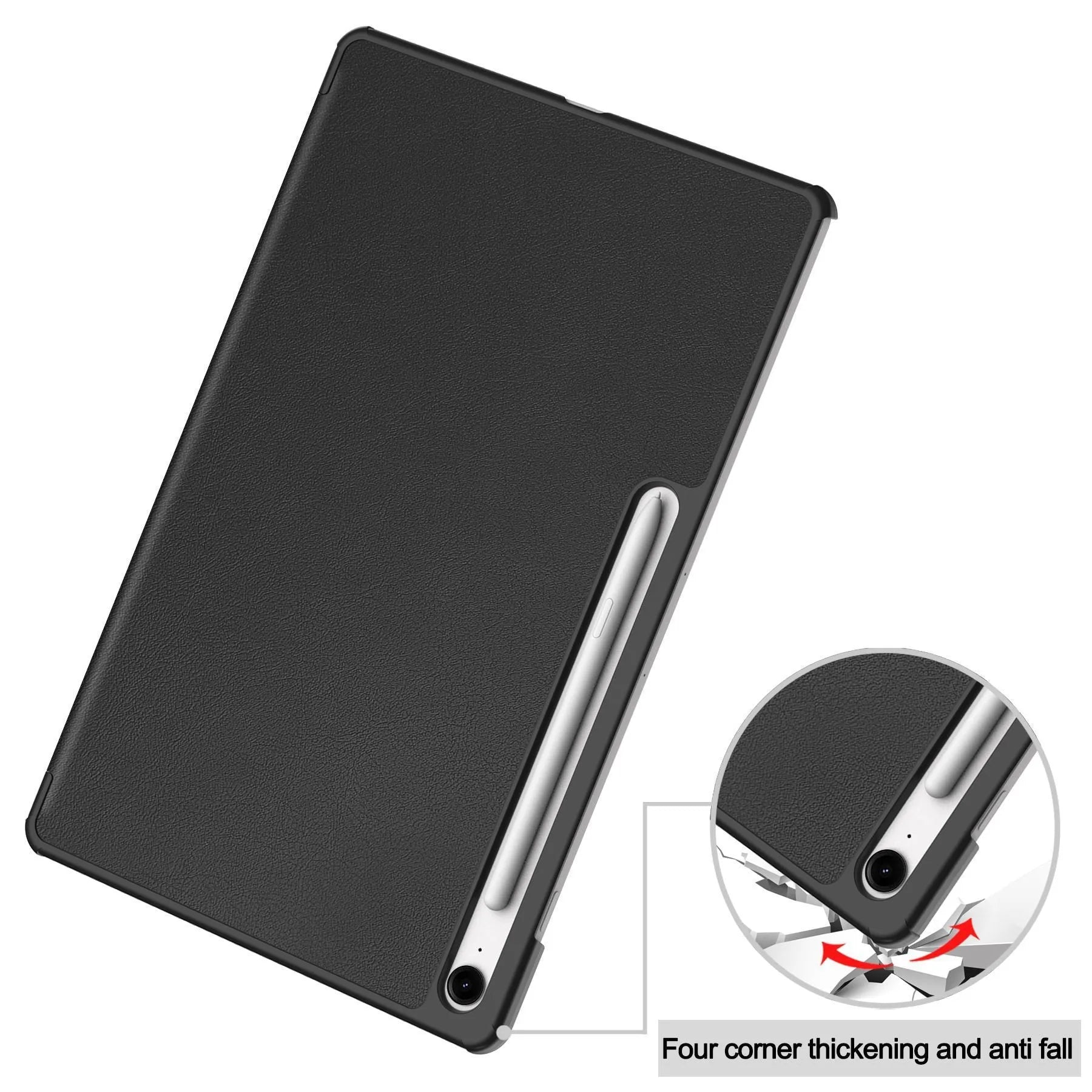 Samsung Tab S10 FE Plus tablet in a tri-fold black leather case with built-in stand open for viewing.