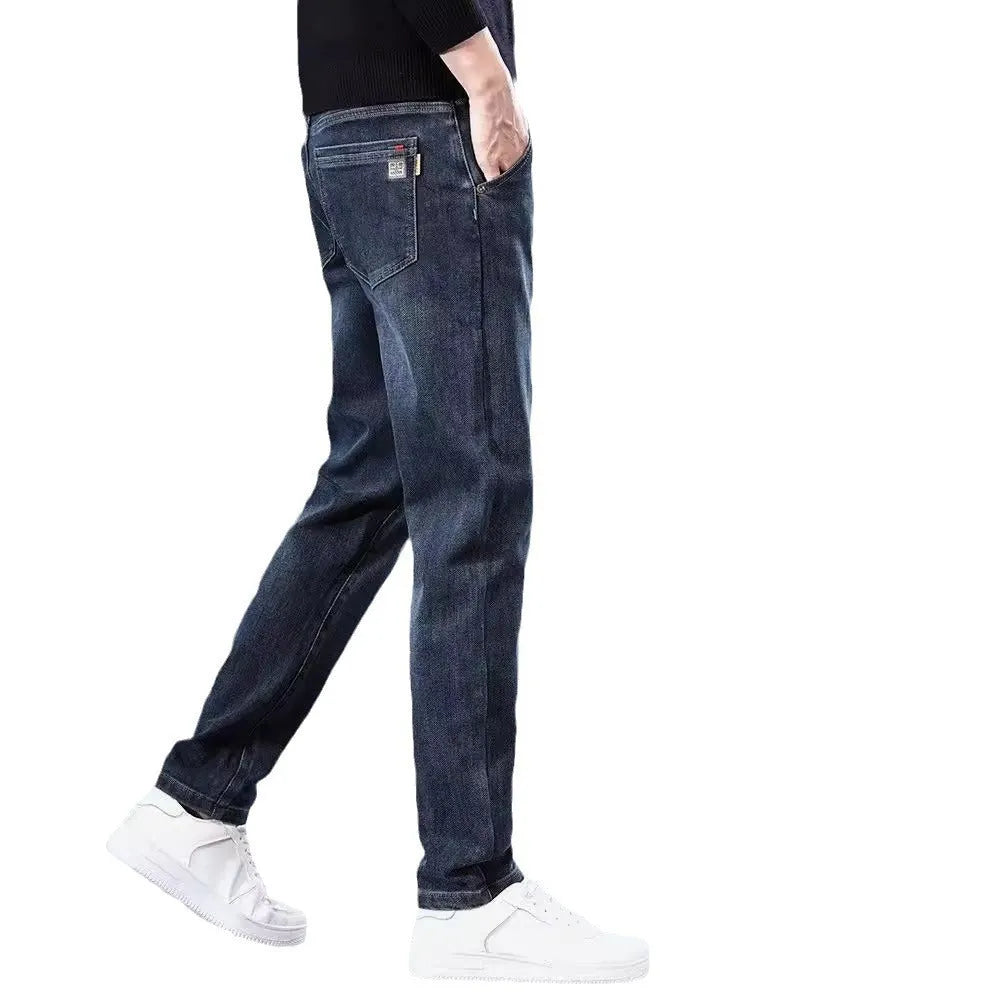 Blue grey slim straight casual men's trousers with a loose fit and mid waist.