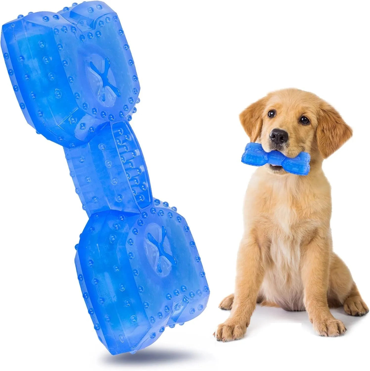 Freezable dog chew toy in bone and circle shapes for cooling and teething relief.